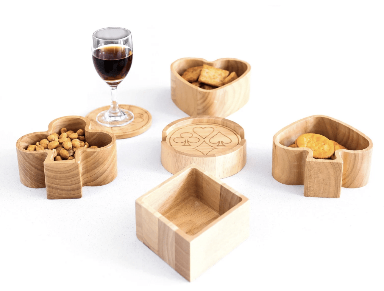 wooden bridge snack set card symbols poker casino dishes