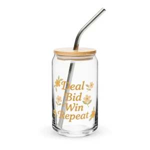 Deal Bid Win Glass Drink container with lid and straw