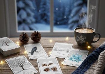 WIntry Tarot Cards spread on a table in front of a window with a snowy back yard and half moon.