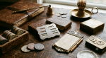 AI Generated photo of vintage playing card supplies including casino chips, trump indicator, score card, old decks