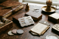 AI Generated photo of vintage playing card supplies including casino chips, trump indicator, score card, old decks