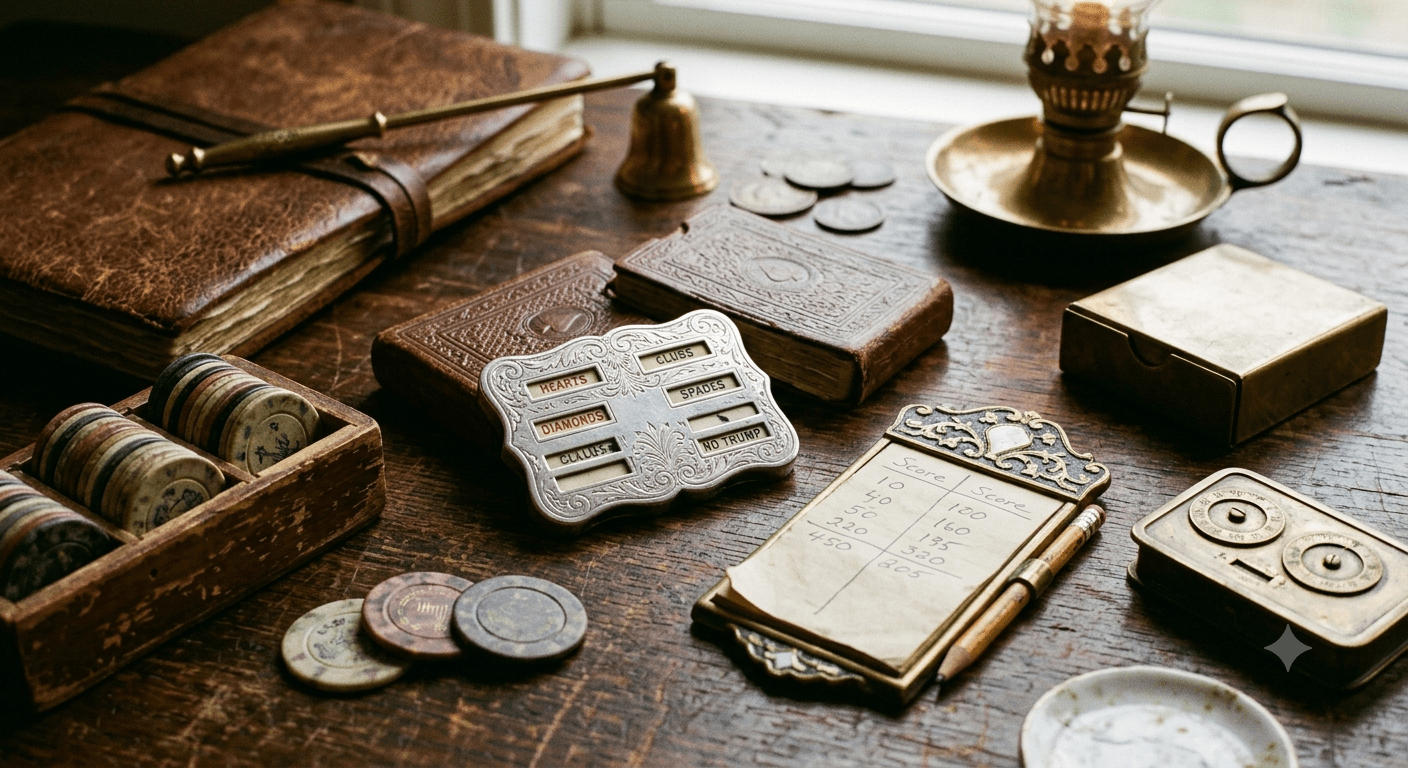 AI Generated photo of vintage playing card supplies including casino chips, trump indicator, score card, old decks